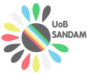 SANDAM logo - a circle with the disability pride flag in it, surrounded by petals in the colour of the disability pride flag. In the upper right quarter of the flower, the petals are replaced by the text "UoB SANDAM" in the grey of the flag